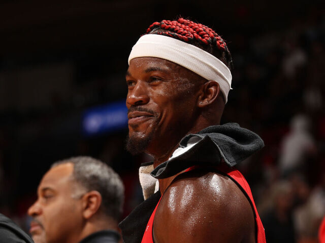 MIAMI, FL - NOVEMBER 18: Jimmy Butler #22 of the Miami Heat smiles during the game against the Philadelphia 76ers on November 18, 2024 at Kaseya Center in Miami, Florida. Mandatory Copyright Notice: Copyright 2024 NBAE