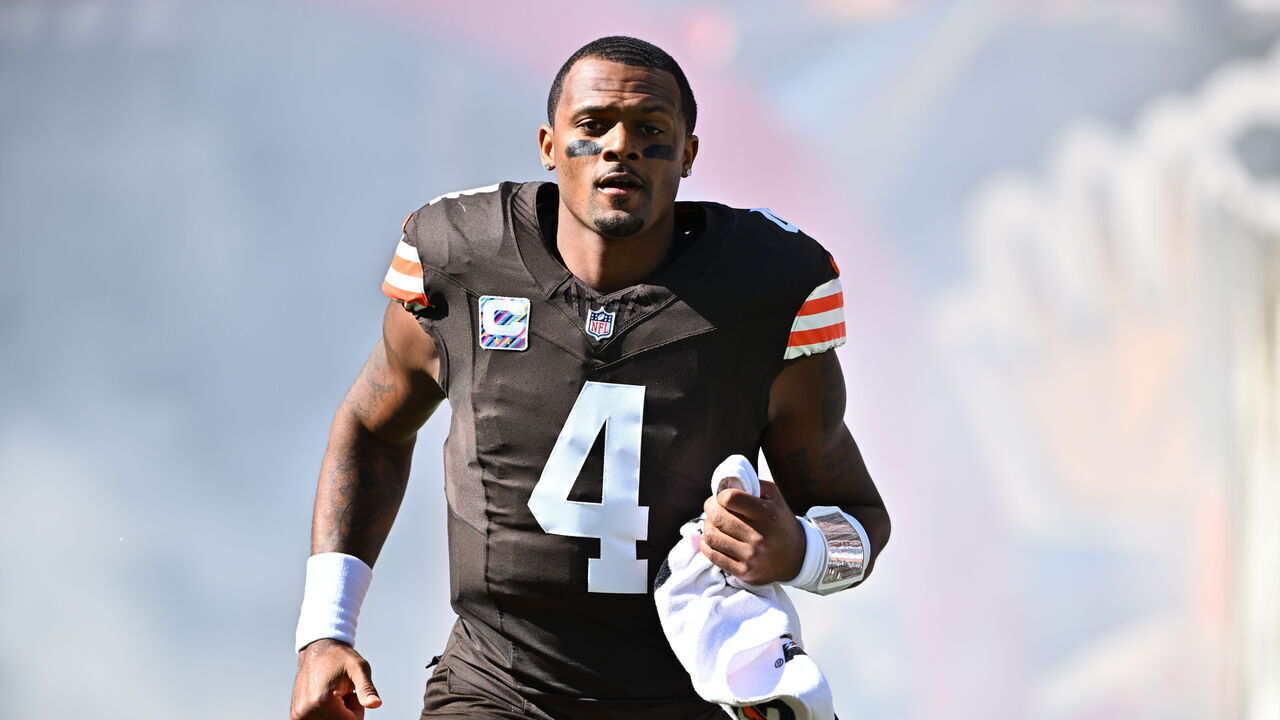 CLEVELAND, OHIO - OCTOBER 20: Quarterback Deshaun Watson #4 of the Cleveland Browns reacts during player introductions prior to the game against the Cincinnati Bengals at Cleveland Browns Stadium on October 20, 2024 in Cleveland, Ohio.