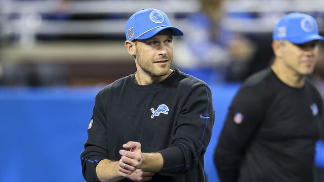 DETROIT, MICHIGAN - NOVEMBER 28: Offensive coordinator Ben Johnson of the Detroit Lions looks on before a game against the Chicago Bears at Ford Field on November 28, 2024 in Detroit, Michigan.