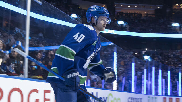VANCOUVER, CANADA - DECEMBER 14: Elias Pettersson #40 of the Vancouver Canucks steps onto the ice during their NHL game against the Boston Bruins at Rogers Arena on December 14, 2024 in Vancouver, British Columbia, Canada.