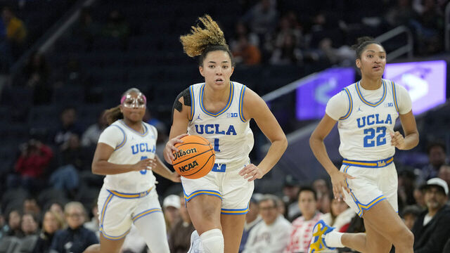 SAN FRANCISCO, CALIFORNIA - DECEMBER 20: Kiki Rice #1 of the UCLA Bruins dribbles the ball up court against the Creighton Bluejays during the second half of the Invisalign Bay Area Women's Classic at Chase Center on December 20, 2024 in San Francisco, California.