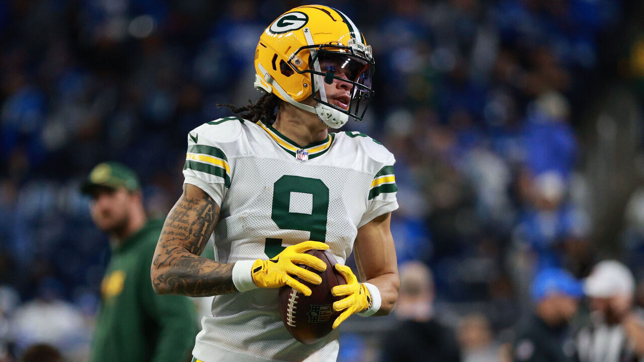 DETROIT,MICHIGAN-December 5: Green Bay Packers wide receiver Christian Watson #9 warms up prior to an NFL football game between the Green Bay Packers and the Detroit Lions at Ford Field in Detroit, Michigan USA, on Thursday, December 5, 2024.