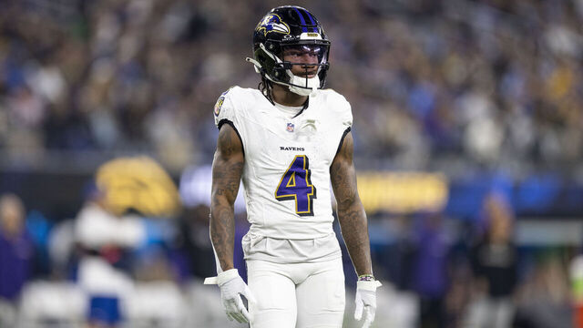 INGLEWOOD, CALIFORINA - NOVEMBER 25: Zay Flowers #4 of the Baltimore Ravens looks on during an NFL Football game against the Los Angeles Chargers at SoFi Stadium on November 25, 2024 in Inglewood, Califorina.