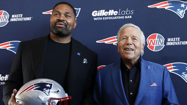 Foxborough, MA - January 17: New England Patriots head coach Jerod Mayo, left, and owner Robert Kraft pose for photos after Mayo's introductory press conference at Gillette Stadium.