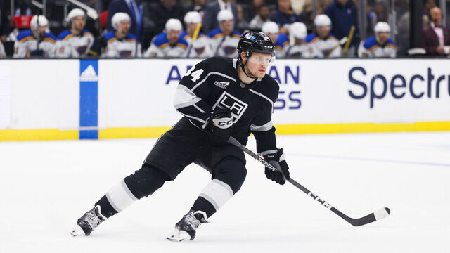 LOS ANGELES, CA - NOVEMBER 18: Los Angeles Kings right wing Arthur Kaliyev (34) skates during an NHL hockey game against the St. Louis Blues on November 18, 2023 at Crypto.com Arena in Los Angeles, CA.