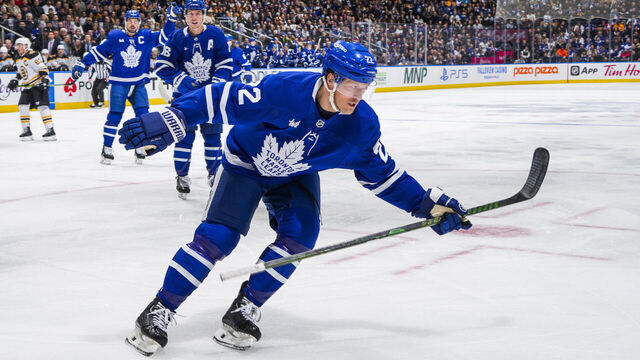 TORONTO, ON - JANUARY 4: Jake McCabe #22 of the Toronto Maple Leafs celebrates scoring a goal during the first period against the Boston Bruins at the Scotiabank Arena on January 4, 2025 in Toronto, Ontario, Canada.