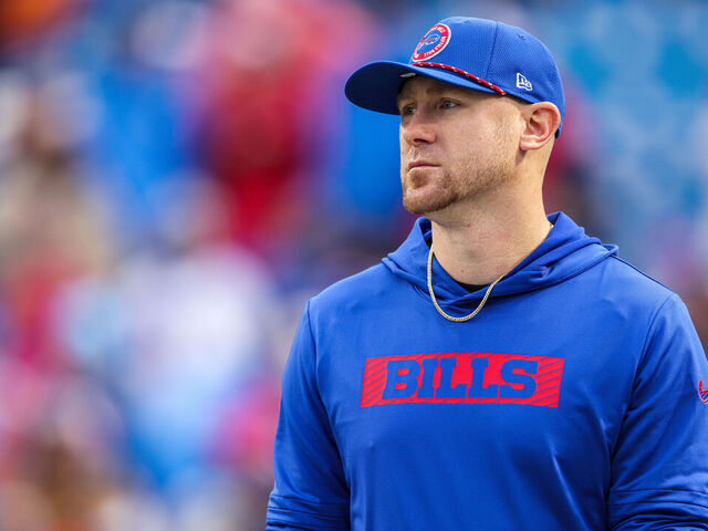 ORCHARD PARK, NEW YORK - DECEMBER 29: Offensive Coordinator Joe Brady of the Buffalo Bills looks on prior to a game against the New York Jets at Highmark Stadium on December 29, 2024 in Orchard Park, New York.