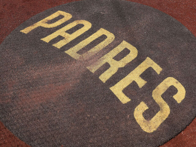 SAN DIEGO, CALIFORNIA - APRIL 3: Detail view of the batters circle with a San Diego Padres logo prior to a game against the St. Louis Cardinals at PETCO Park on April 3, 2024 in San Diego, California.