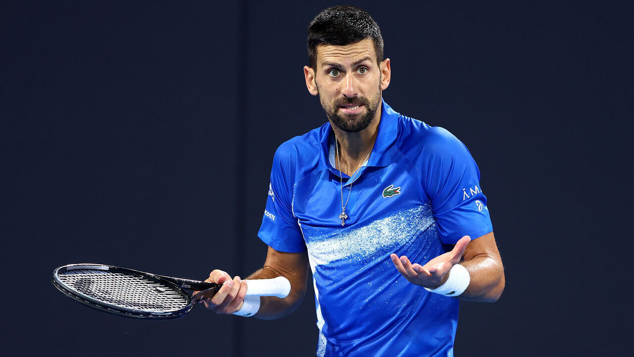 BRISBANE, AUSTRALIA - JANUARY 03: Novak Djokovic of Serbia reacts in his quarter-final match against Reilly Opelka of the USA during day six of the 2025 Brisbane International at Pat Rafter Arena on January 03, 2025 in Brisbane, Australia.