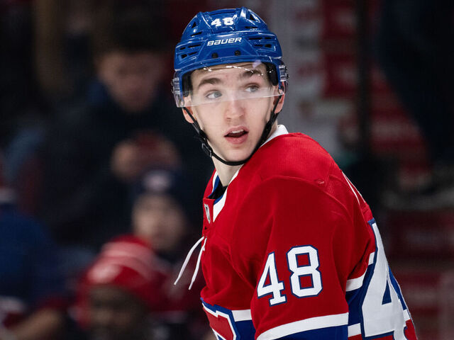 MONTREAL, QC - DECEMBER 07: Lane Hutson (48) of the Montreal Canadiens skates during the second period of the NHL game between the Washington Capitals and the Montreal Canadiens on Dec 07 2024, at the Bell Centre in Montreal, QC