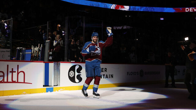 DENVER, COLORADO - JANUARY 06: Devon Toews #7 of the Colorado Avalanche is named first star of the game against the Florida Panthers at Ball Arena on January 6, 2025 in Denver, Colorado.