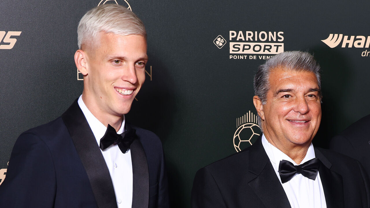 PARIS, FRANCE - OCTOBER 28: (L-R) Dani Olmo, Joan Laporta, Lamine Yamal and Pau Cubarsí of Spain and FC Barcelona attend the 68th Ballon D'Or Photocall at Theatre Du Chatelet on October 28, 2024 in Paris, France.