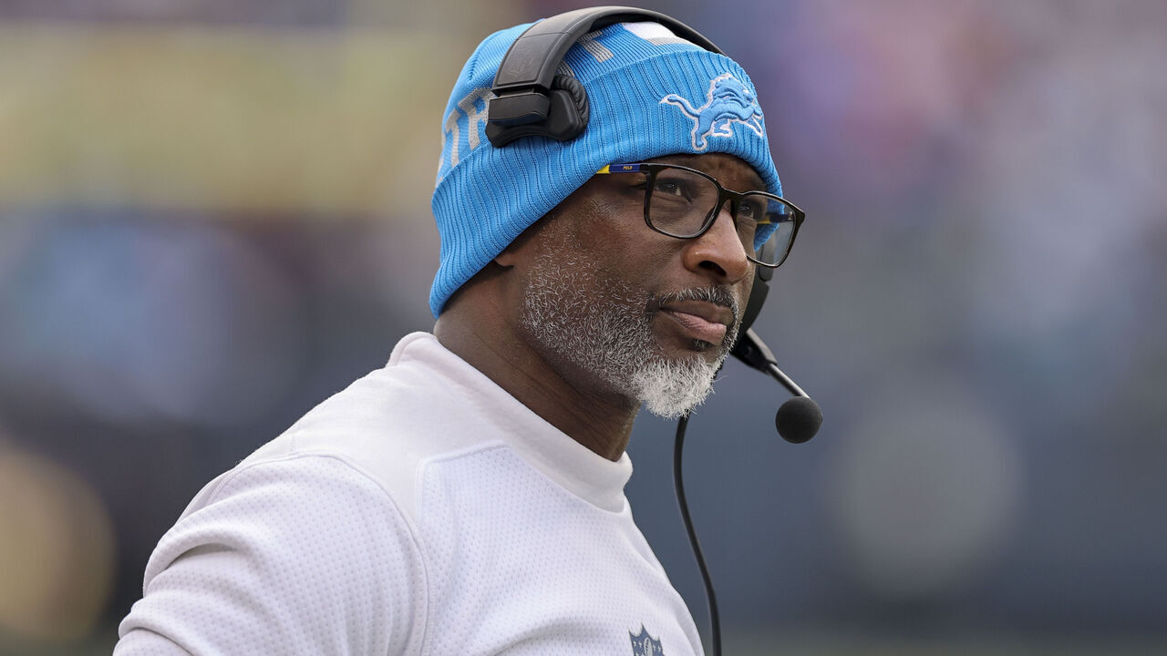 CHICAGO, ILLINOIS - DECEMBER 22: Defensive coordinator Aaron Glenn of the Detroit Lions looks on during the second half against the Chicago Bears at Soldier Field on December 22, 2024 in Chicago, Illinois.