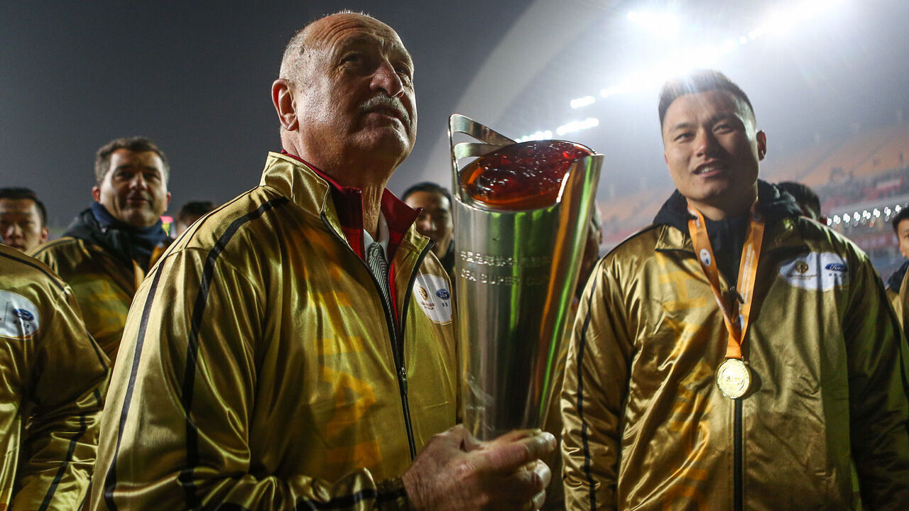 CHONGQING, CHINA - FEBRUARY 25: Manager Luiz Felipe Scolari of Guangzhou Evergrande Taobao F.C. celebrates the victory after the CFA Super Cup between Guangzhou Evergrande and Jiangsu Suning at Chongqing Olympic Sports Centre Stadium on February 25, 2017 in Chongqing, China.