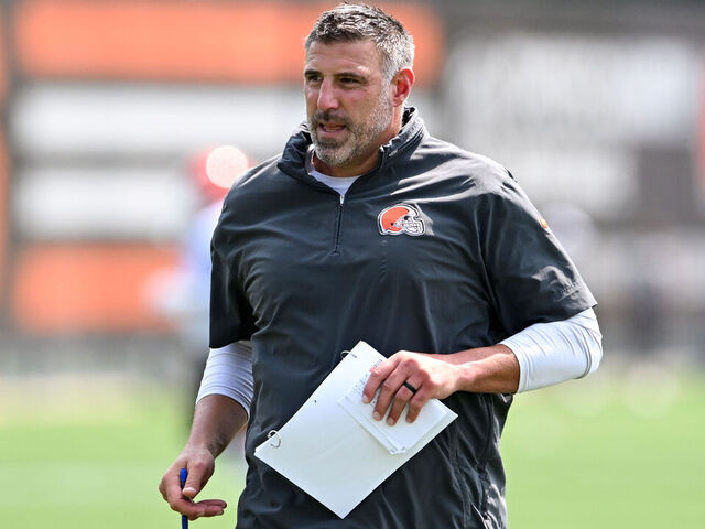 BEREA, OHIO - AUGUST 14: Coaching and personnel consultant Mike Vrabel of the Cleveland Browns watches a drill during a joint training camp practice with the Minnesota Vikings at CrossCountry Mortgage Campus on August 14, 2024 in Berea, Ohio.