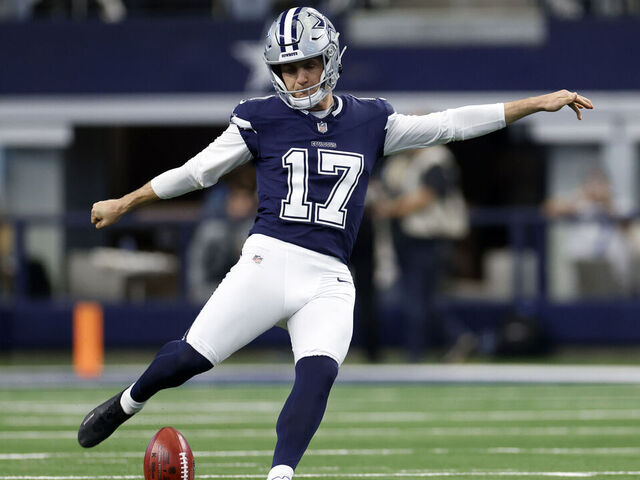 ARLINGTON, TEXAS - JANUARY 05: Brandon Aubrey #17 of the Dallas Cowboys warms up before the game against the Washington Commanders at AT&T Stadium on January 05, 2025 in Arlington, Texas.