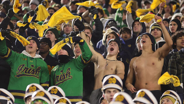 SOUTH BEND, INDIANA - DECEMBER 20: Notre Dame Fighting Irish fans cheer during the second half against the Indiana Hoosiers in the Playoff First Round game at Notre Dame Stadium on December 20, 2024 in South Bend, Indiana. Notre Dame defeated Indiana 27-17.