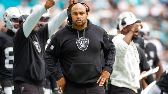 MIAMI GARDENS, FLORIDA - NOVEMBER 17: Las Vegas Raiders head coach Antonio Pierce on the sideline during the first half against the Miami Dolphins at Hard Rock Stadium on November 17, 2024 in Miami Gardens, Florida.