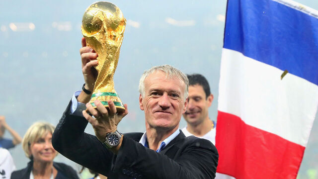 MOSCOW, RUSSIA - JULY 15: Head Coach of France Didier Deschamps celebrates with the World Cup trophy after the 2018 FIFA World Cup Russia Final between France and Croatia at Luzhniki Stadium on July 15, 2018 in Moscow, Russia.