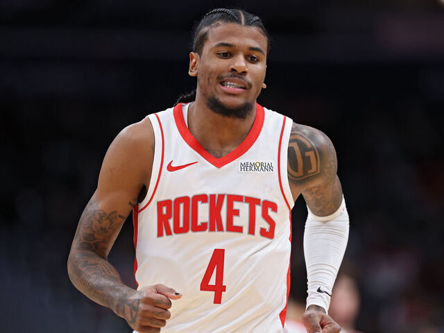 WASHINGTON, DC - JANUARY 07: Jalen Green #4 of the Houston Rockets celebrates against the Washington Wizards during the second half at Capital One Arena on January 07, 2025 in Washington, DC.