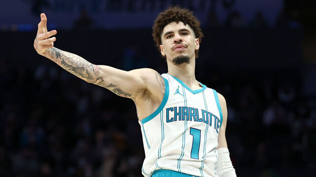CHARLOTTE, NORTH CAROLINA - JANUARY 07: LaMelo Ball #1 of the Charlotte Hornets reacts following a three point basket during the second half of game against the Phoenix Suns at Spectrum Center on January 07, 2025 in Charlotte, North Carolina.