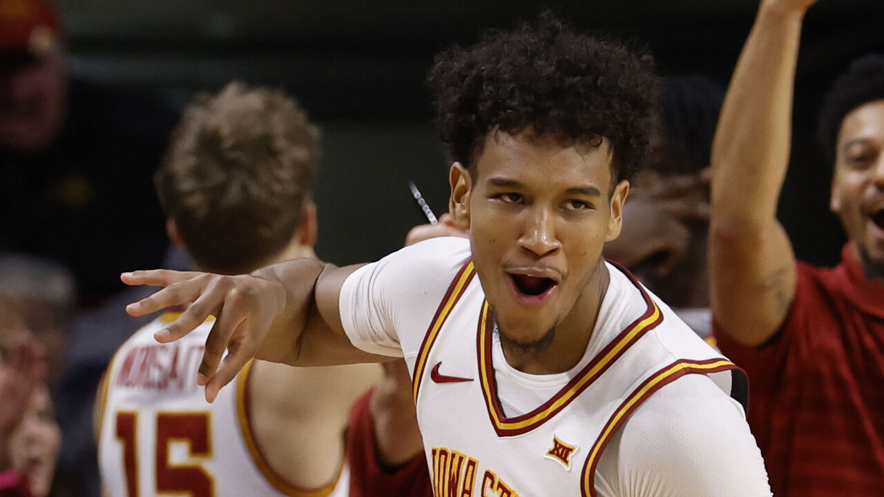 AMES, IA - JANUARY 4: Curtis Jones #5 of the Iowa State Cyclones celebrates after sinking a three-point shot in the second half of play at Hilton Coliseum on January 4, 2025, in Ames, Iowa. The Iowa State Cyclones won 74-55 over the Baylor Bears.