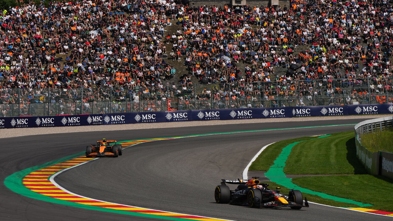 SPA, BELGIUM - JULY 28: Max Verstappen of the Netherlands driving the (1) Oracle Red Bull Racing RB20 leads Lando Norris of Great Britain driving the (4) McLaren MCL38 Mercedes on track during the F1 Grand Prix of Belgium at Circuit de Spa-Francorchamps on July 28, 2024 in Spa, Belgium.