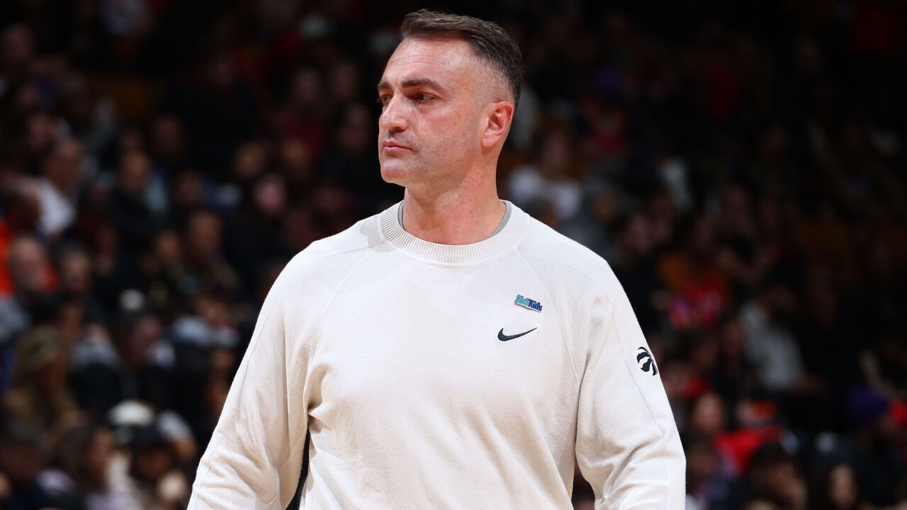 TORONTO, CANADA - JANUARY 01: Head Coach Darko Rajakovic of the Toronto Raptors looks on during the game on January 1, 2025 at the Scotiabank Arena in Toronto, Ontario, Canada. Mandatory Copyright Notice: Copyright 2025 NBAE