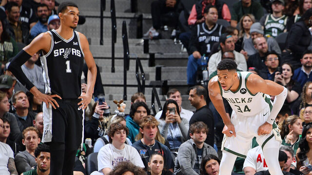 SAN ANTONIO, TX - JANUARY 4: Victor Wembanyama #1 of the San Antonio Spurs looks on during the game against Giannis Antetokounmpo #34 of the Milwaukee Bucks on January 4, 2024 at the Frost Bank Center in San Antonio, Texas. Mandatory Copyright Notice: Copyright 2024 NBAE (Photos by Michael Gonzales/NBAE via Getty Images)