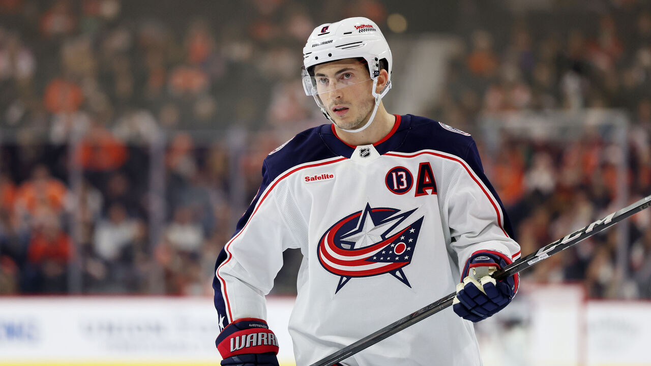 PHILADELPHIA, PENNSYLVANIA - DECEMBER 21: Zach Werenski #8 of the Columbus Blue Jackets looks on during a game against the Philadelphia Flyers at the Wells Fargo Center on December 21, 2024 in Philadelphia, Pennsylvania.