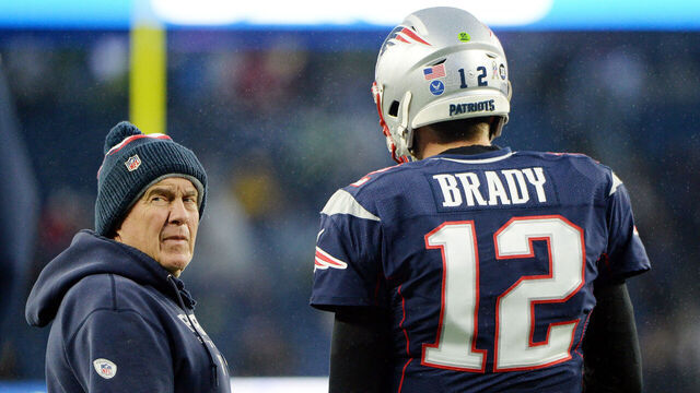 FOXBOROUGH, MASSACHUSETTS - NOVEMBER 24: Head coach Bill Belichick of the New England Patriots talks with Tom Brady #12 before the game against the Dallas Cowboys at Gillette Stadium on November 24, 2019 in Foxborough, Massachusetts.