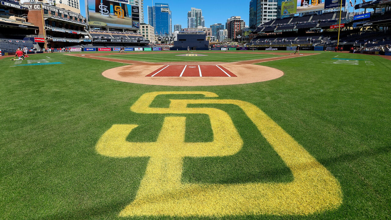 SAN DIEGO, CALIFORNIA - APRIL 3: General view of a San Diego Padres logo on the field at PETCO Park prior to a game against the St. Louis Cardinals at PETCO Park on April 3, 2024 in San Diego, California.