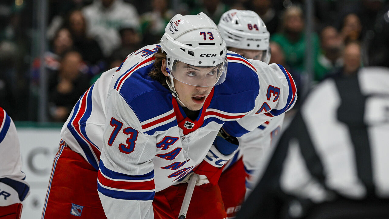 DALLAS, TX - DECEMBER 20: New York Rangers center Matt Rempe (73) waits for the puck to drop during the game between the Dallas Stars and the New York Rangers on December 20, 2024 at American Airlines Center in Dallas, Texas.