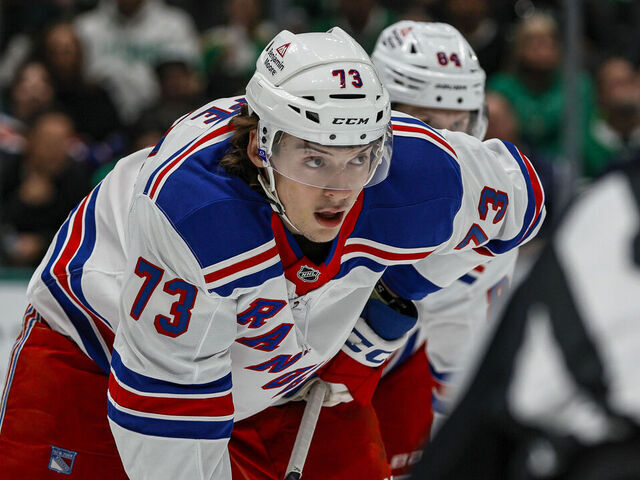 DALLAS, TX - DECEMBER 20: New York Rangers center Matt Rempe (73) waits for the puck to drop during the game between the Dallas Stars and the New York Rangers on December 20, 2024 at American Airlines Center in Dallas, Texas.