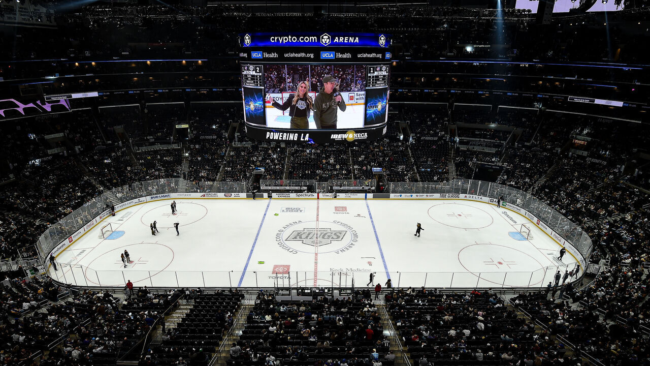 LOS ANGELES, CA - NOVEMBER 9: A general view of the ice during the second period between the Los Angeles Kings and the Columbus Blue Jackets at Crypto.com Arena on November 9, 2024 in Los Angeles, California.