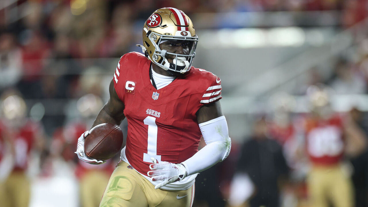 SANTA CLARA, CALIFORNIA - DECEMBER 30: Deebo Samuel Sr. #1 of the San Francisco 49ers in action against the Detroit Lions at Levi's Stadium on December 30, 2024 in Santa Clara, California.