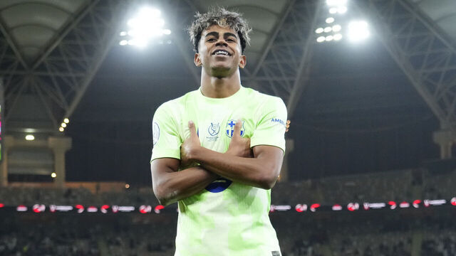 Lamine Yamal right winger of Barcelona and Spain celebrates after scoring his sides first goal during the Spanish Super Cup semi-final match between Athletic Club de Bilbao and FC Barcelona at King Abdullah Sports City on January 8, 2025 in Jeddah, Saudi Arabia.