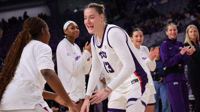FORT WORTH, TEXAS - DECEMBER 08: Sedona Prince #13 of the TCU Horned Frogs takes the court for a game against the South Carolina Gamecocks in the USLBM Coast to Coast Challenge Hoopfest Women’s Basketball Classic at Dickies Arena on December 08, 2024 in Fort Worth, Texas.