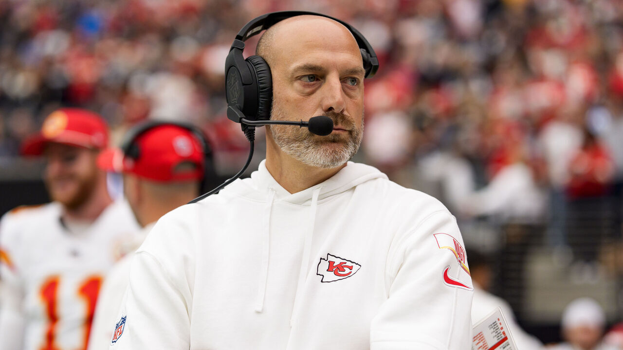 LAS VEGAS, NEVADA - OCTOBER 27: Offensive coordinator Matt Nagy of the Kansas City Chiefs stands on the sidelines wearing Sony headphones prior to an NFL football game against the Las Vegas Raiders, at Allegiant Stadium on October 27, 2024 in Las Vegas, Nevada.