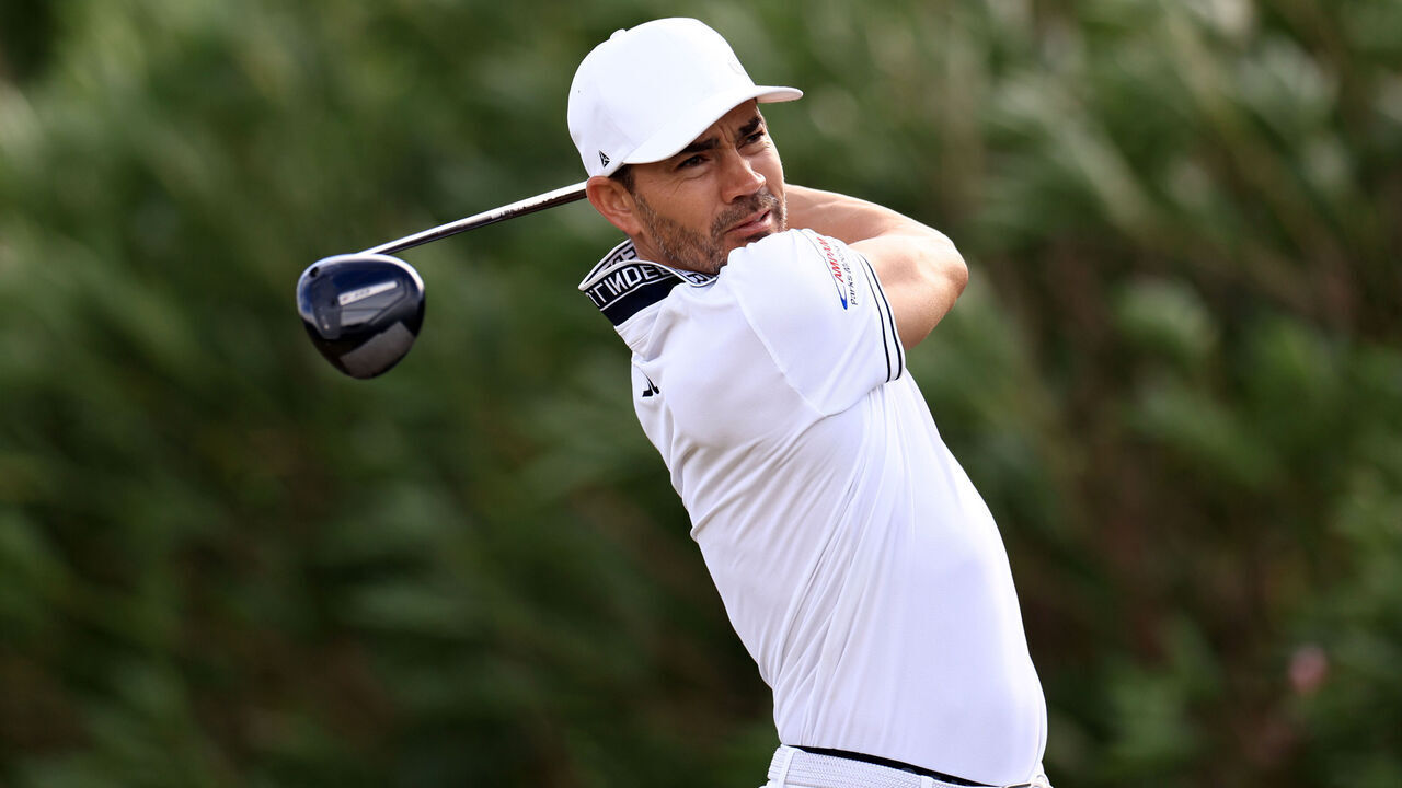 SOUTHAMPTON, BERMUDA - NOVEMBER 14: Camilo Villegas of Colombia plays his shot from the fourth tee during the first round of the Butterfield Bermuda Championship 2024 at Port Royal Golf Course on November 14, 2024 in Southampton, Bermuda.