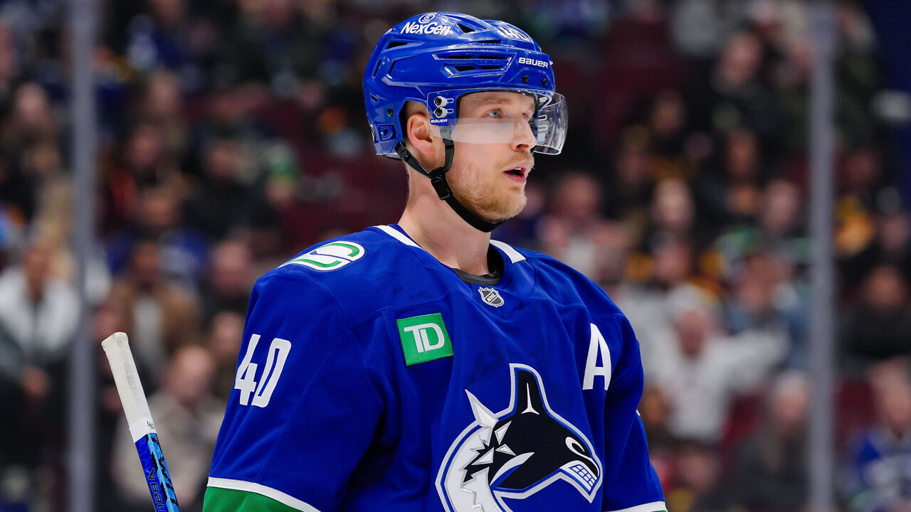 VANCOUVER, CANADA - DECEMBER 12: Elias Pettersson #40 of the Vancouver Canucks looks on during the first period of their NHL game against the Florida Panthers at Rogers Arena on December 12, 2024 in Vancouver, British Columbia, Canada.