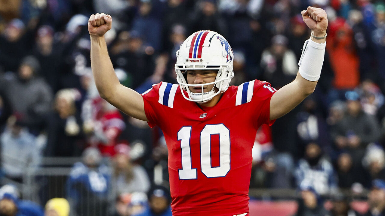 FOXBOROUGH, MA - DECEMBER 1: Drake Maye #10 of the New England Patriots celebrates a touchdown against the Indianapolis Colts during the fourth quarter at Gillette Stadium on December 1, 2024 in Foxborough, Massachusetts.