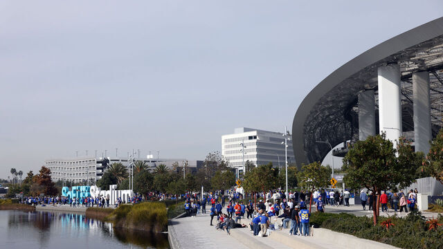 INGLEWOOD, CALIFORNIA - DECEMBER 08: A general view outside of SoFi Stadium prior to the game between the Los Angeles Rams and the Buffalo Bills on December 08, 2024 in Inglewood, California.