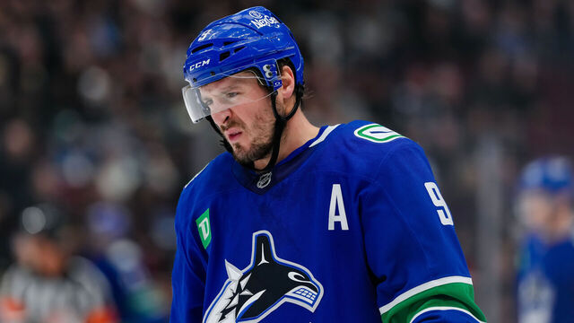 VANCOUVER, CANADA - DECEMBER 12: J.T. Miller #9 of the Vancouver Canucks looks on during the first period of their NHL game against the Florida Panthers at Rogers Arena on December 12, 2024 in Vancouver, British Columbia, Canada.