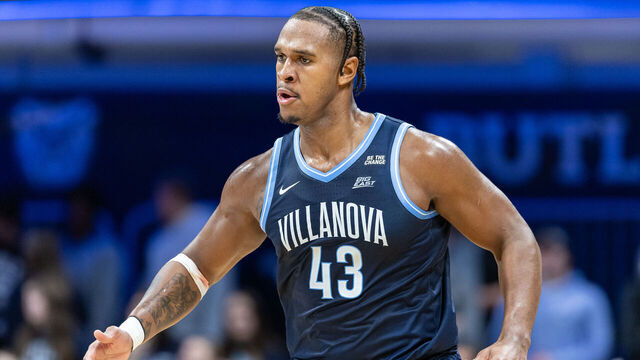 INDIANAPOLIS, INDIANA - JANUARY 1: Eric Dixon #43 of the Villanova Wildcats is seen during the game against the Butler Bulldogs at Hinkle Fieldhouse on January 1, 2025 in Indianapolis, Indiana.