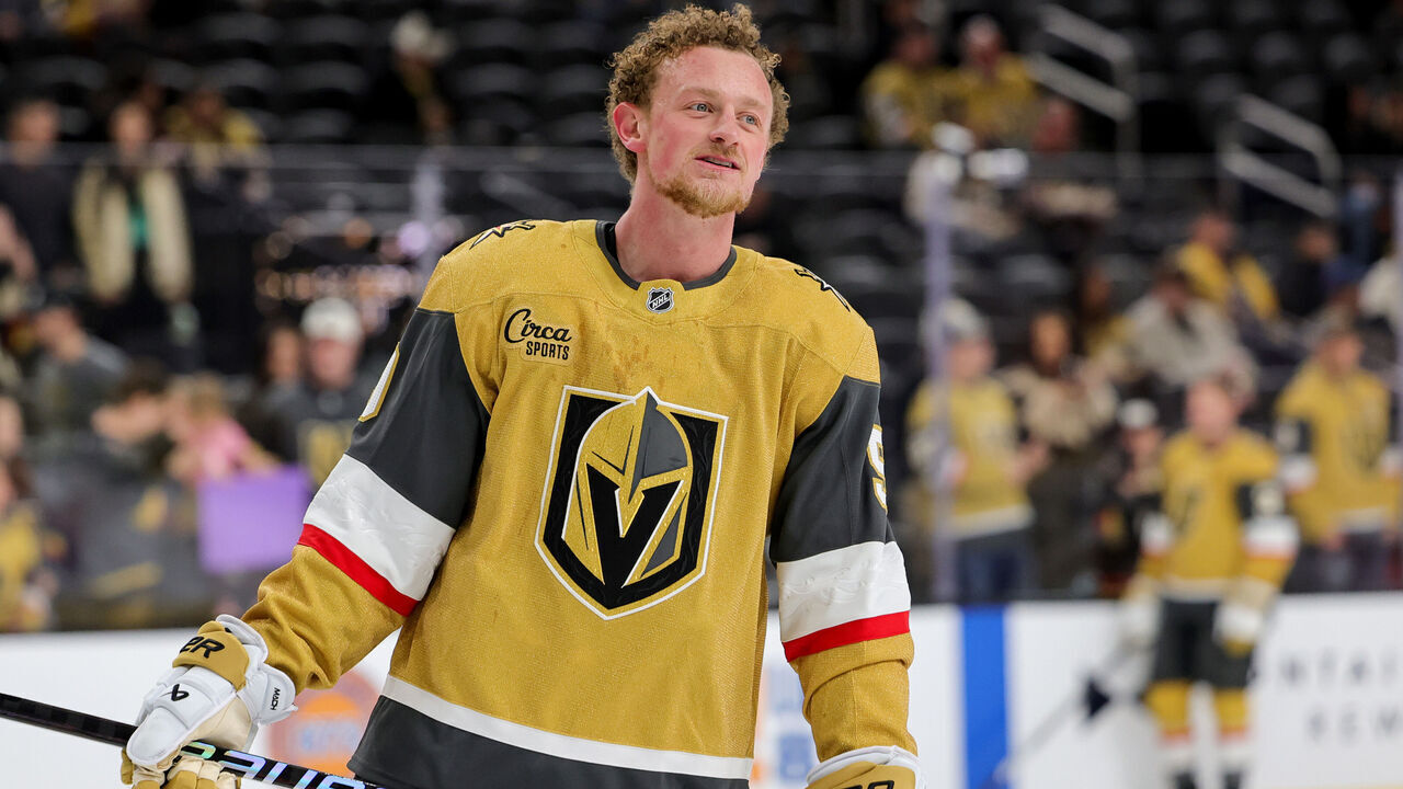 LAS VEGAS, NEVADA - DECEMBER 29: Jack Eichel #9 of the Vegas Golden Knights warms up before a game against the Calgary Flames at T-Mobile Arena on December 29, 2024 in Las Vegas, Nevada. The Golden Knights defeated the Flames 3-0.