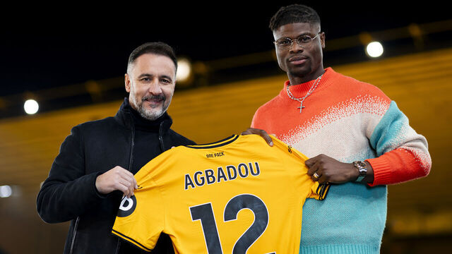 WOLVERHAMPTON, ENGLAND - JANUARY 09: Wolverhampton Wanderers unveil new signing Emmanuel Agbadou at Molineux on January 09, 2025 in Wolverhampton, England.