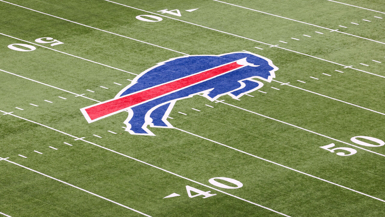 ORCHARD PARK, NEW YORK - JANUARY 22: The Buffalo Bills logo is seen on the field prior to a game against the Cincinnati Bengals in the AFC Divisional Playoff game at Highmark Stadium on January 22, 2023 in Orchard Park, New York.