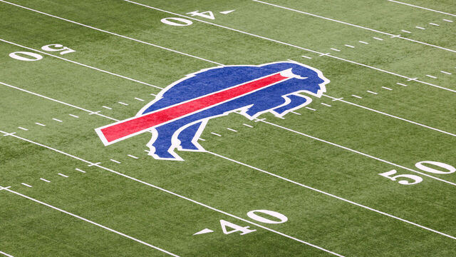 ORCHARD PARK, NEW YORK - JANUARY 22: The Buffalo Bills logo is seen on the field prior to a game against the Cincinnati Bengals in the AFC Divisional Playoff game at Highmark Stadium on January 22, 2023 in Orchard Park, New York.