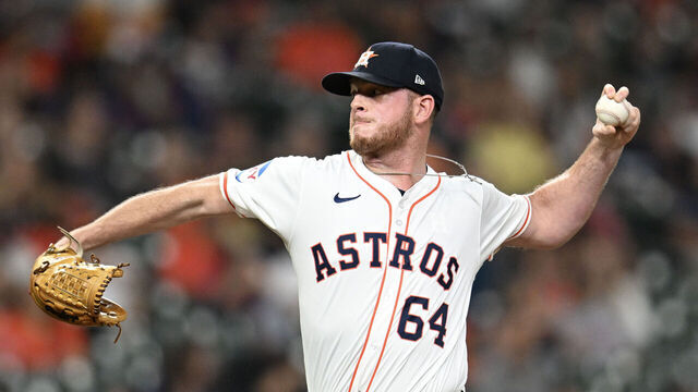 HOUSTON, TEXAS - SEPTEMBER 11: Caleb Ferguson #64 of the Houston Astros pitches against the Oakland Athletics at Minute Maid Park on September 11, 2024 in Houston, Texas.